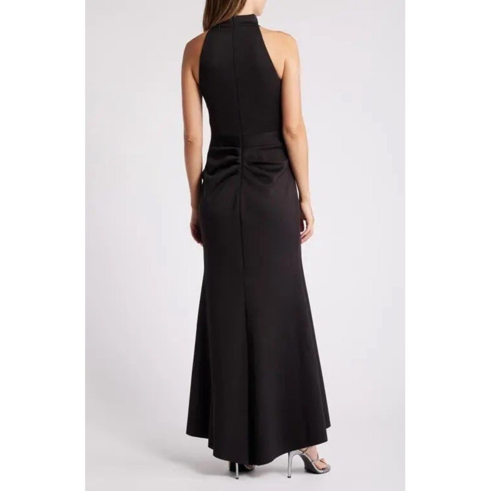 XSCAPE Mock Neck Gown Dress Size 14 Black Mermaid Cascade Ruffle Sleeveless NWT - Picture 2 of 11